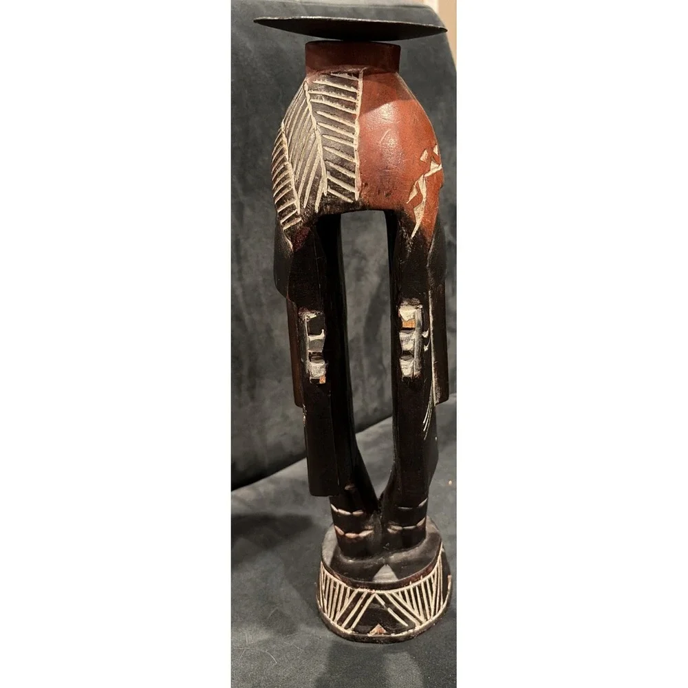 Tribal Wooden Mask Hand Carved Black & Red Bold Stands On Table